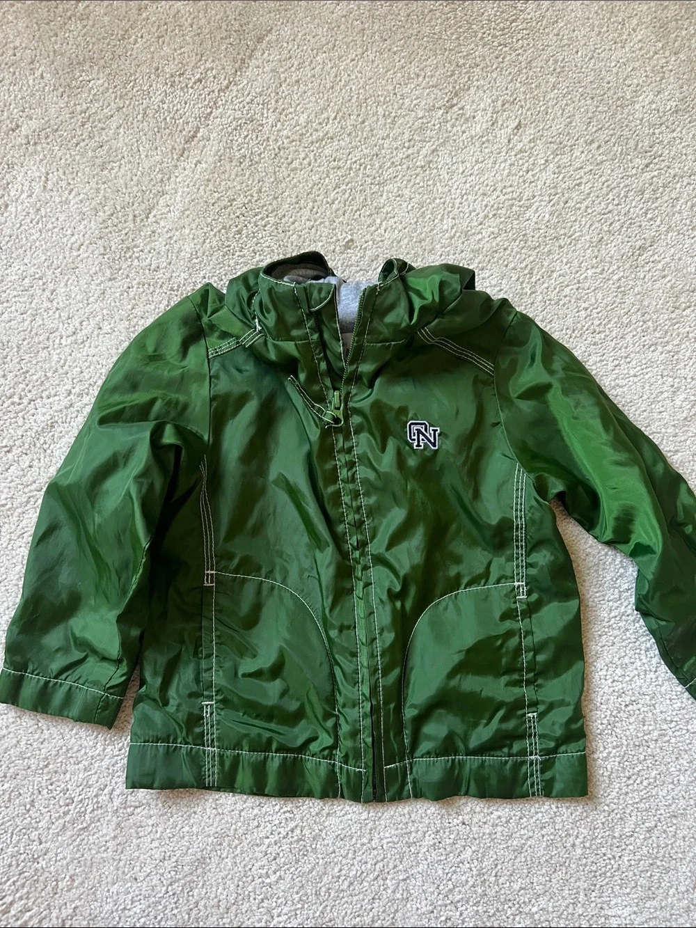 Kids Green Hooded Rain Jacket with Contrast Stitching
